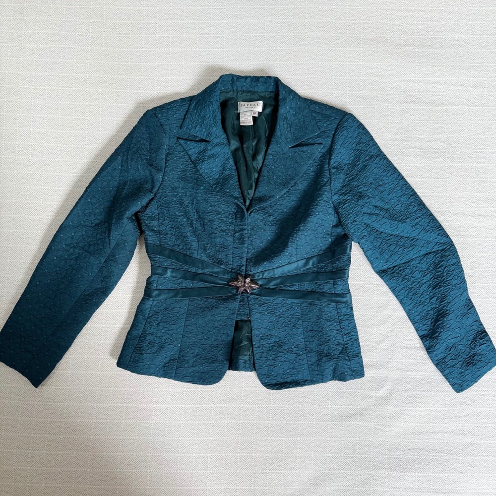 Papell Petites Teal Blue Crinkle Texture Blazer Jacket Leaf Clasp Size 8P